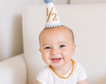 Half Birthday Boy Party Hat | White Glitter Hat + Baby Blue Trim + Light Pool Top + Yellow Gold "1/2"