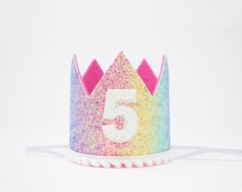 5th Birthday Crown | Fifth Birthday Crown | 5th Birthday Girl Outfit Fifth Birthday Girl | Pastel Rainbow Glitter Crown + Hot Pink Detail