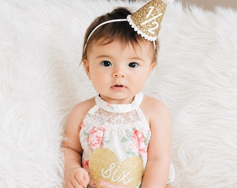 Half Birthday Girl Party Hat | Pale Gold Glitter Hat + Choose Color Trim/Top + White Faux Leather "1/2"