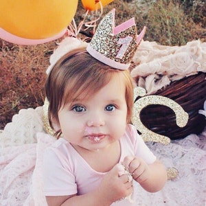 First Birthday Crown | 1st Birthday Crown | 1st Birthday Girl Outfit | First Birthday Outfit Girl | Gold Glitter Crown + Baby Pink Details