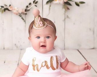 Half Birthday Hat | 1/2 Birthday Girl Party Hat | 6 month birthday | Half Birthday Outfit Girl | Gold Glitter Hat + Baby Pink Details