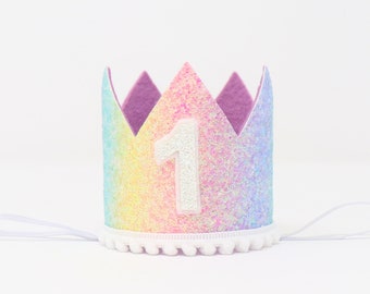 First Birthday Crown | 1st Birthday Crown | 1st Birthday Girl Outfit First Birthday Girl | Pastel Rainbow Glitter Crown + Lilac Detail