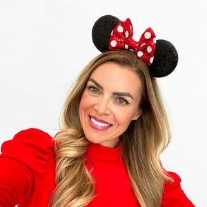Mouse Ears Headband | Polka Dot All Age Black Mouse Ears with Sequin Bow | Choose Ear and Bow Color