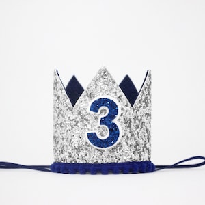 3rd Birthday Crown | Third Birthday Crown | 3rd Birthday Boy Outfit | 3rd Birthday Outfit Boy | Silver Glitter Crown + Navy Details