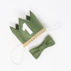 Felt First Birthday Crown | 1st Birthday Crown | First Birthday Outfit Boy | Moss Green Felt Crown + Toast Pom Trim + White Felt &quot;1&quot;