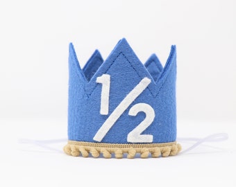 1/2 Birthday Crown | Baby Boy 6 Month Crown Half Birthday Outfit Boy | Wild One Halfy Birthday Boy | Pool Blue Felt Crown + Toast Detail