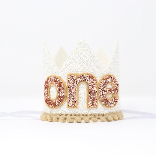 First Birthday Crown | 1st Birthday Crown | 1st Birthday Girl | One Birthday Outfit Boy | White Glitter Crown + Toast + Rose Gold Details