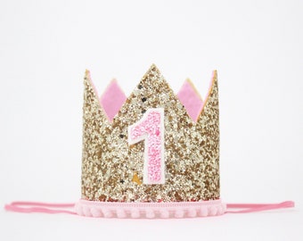 First Birthday Crown | 1st Birthday Crown | 1st Birthday Girl Outfit First Birthday Outfit Girl | Gold Glitter Crown + Baby Pink Details