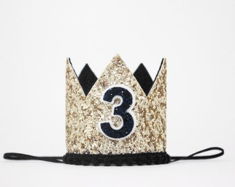 3rd Birthday Crown | Third Birthday Crown | 3rd Birthday Boy Outfit | 3rd Birthday Outfit Boy | Gold Glitter Crown + Black Details