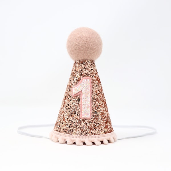 First Birthday Hat | 1st Birthday Hat | 1st Birthday Girl Outfit | First Birthday Outfit Girl | Rose Gold Glitter Hat + Baby Pink Details