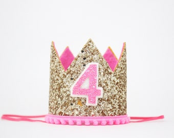 4th Birthday Crown | 4th Birthday Hat | 4th Birthday Girl Outfit | 4th Birthday Party Hat Crown | Pale Gold Hot Pink Crown