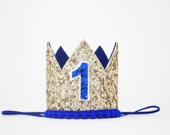 First Birthday Crown | 1st Birthday Crown | 1st Birthday Boy Outfit | First Birthday Outfit Boy | Gold Glitter Crown + Royal Blue Details