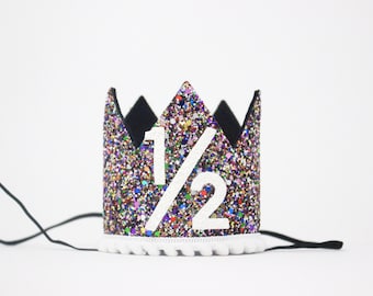 1/2 Birthday Crown | Half Birthday Outfit Boy | Half Birthday Boy | Half Birthday Glitter Hat | Kaleidoscope Glitter Crown + White Details