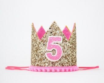 5th Birthday Crown | 5th Birthday Hat | 5th Birthday Girl Outfit | 5th Birthday Party Hat Crown | Pale Gold Hot Pink Crown