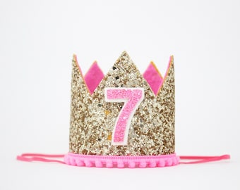 7th Birthday | Pink Gold Birthday Crown | Any Age | Seventh Birthday Outfit Crown | 7th Birthday Photo Prop Hat | Pink and Gold