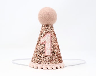 First Birthday Hat | 1st Birthday Hat | 1st Birthday Girl Outfit | First Birthday Outfit Girl | Rose Gold Glitter Hat + Baby Pink Details