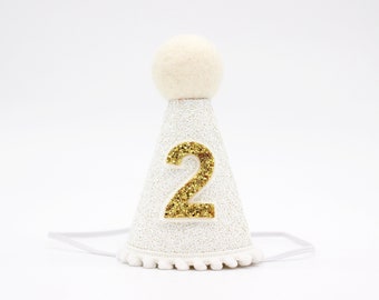 2nd Birthday Party Hat | 2nd Birthday Girl Outfit | Second Birthday Hat Boy Optional Bow Tie | White glitter hat + White + Gold Details