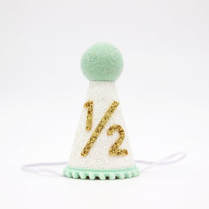 Half Birthday Hat | 1/2 Birthday Boy Party Hat | 6 month birthday | Half Birthday Outfit Girl | White Glitter Hat + Mint + Gold Details