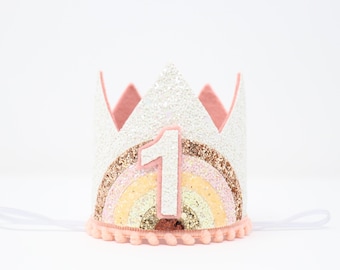 Boho First Birthday Crown | 1st Birthday Crown | Bohemian 1st Birthday Girl Outfit | White Glitter Crown + Blush Details + Boho Rainbow