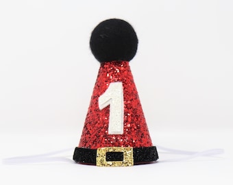Santa Baby First Birthday Hat | Santa 1st Birthday Hat | Christmas Birthday Party Hat | Red Glitter Hat + Black + Gold Detail