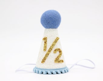 Half Birthday Hat | 1/2 Birthday Boy Party Hat | 6 month birthday | Half Birthday Outfit Boy | White Glitter Hat + Baby Blue + Gold Details