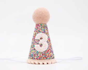 Sprinkles 3rd Birthday Hat | 3rd Birthday Party Hat | 3rd Birthday Girl | Third Birthday Girl | Mosaic Glitter Hat + Baby Pink Details