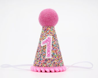 Sprinkles First Birthday Hat | 1st Birthday Hat | 1st Birthday Girl | First Birthday Outfit Girl | Mosaic Glitter Hat + Hot Pink Details