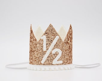 1/2 Birthday Crown | Half Birthday Outfit Girl | Half Birthday Girl | Half Birthday Glitter Hat | Rose Gold Glitter Crown + White Details