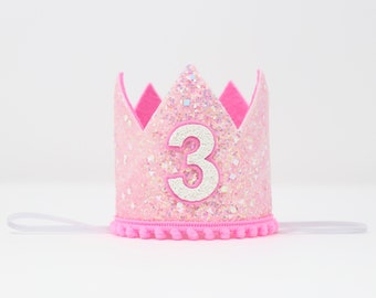 3rd Birthday Crown | Third Birthday Crown | 3rd Birthday Girl | Donut Grow Up Birthday Outfit | Geo Pink Glitter Crown + Hot Pink Details