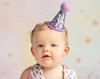 Half Birthday Girl Party Hat | Mermaid Glitter Hat + Lilac Top/Trim + White Glitter 1/2
