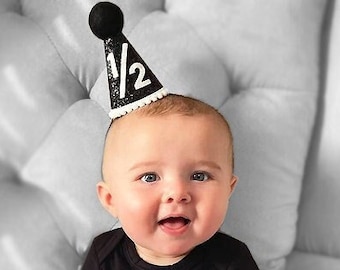 Half Birthday Hat | 1/2 Birthday Boy Party Hat | 6 month birthday | Half Birthday Outfit Boy | Black Glitter Hat + White Details