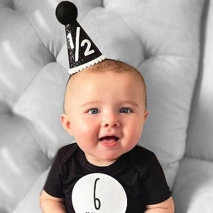 Half Birthday Hat | 1/2 Birthday Boy Party Hat | 6 month birthday | Half Birthday Outfit Boy | Black Glitter Hat + White Details