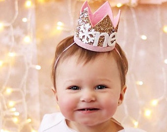 Winter Onederland First Birthday Crown | 1st Birthday Winter Wonderland Party | Gold Glitter Crown + Baby Pink Details + Snowflake ONE