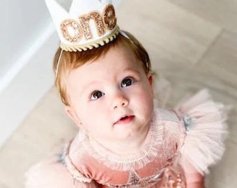 1st Birthday Crown | White Glitter Crown + Choose Pom Trim Color + Rose Gold "one"