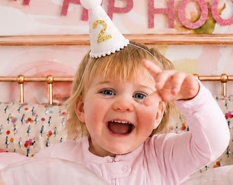 Birthday Girl Party Hat | White Glitter Hat + Choose Color + Yellow Gold Glitter Number
