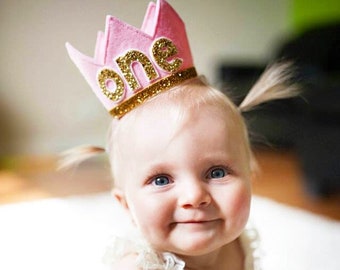 Felt First Birthday Crown | 1st Birthday Crown | 1st Birthday Girl One | First Birthday Outfit Girl | Baby Pink Felt Crown + Gold Detail