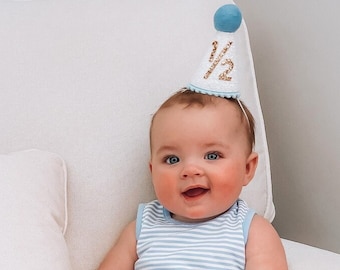 Half Birthday Hat | 1/2 Birthday Boy Party Hat | 6 month birthday | Half Birthday Outfit Boy | White Glitter Hat + Baby Blue + Gold Details