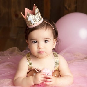 First Birthday Crown | 1st Birthday Crown | 1st Birthday Girl Outfit | First Birthday Outfit Girl | Gold Glitter Crown + Blush Details