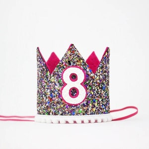 8th Birthday Crown | 8th Birthday Hat | Kaleidoscope Glitter Crown + Magenta Lining + White Pom Trim + White Glitter Number