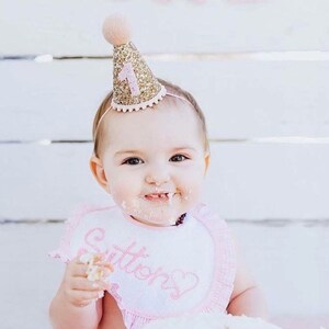 First Birthday Girl Party Hat | 1st Birthday Cake Smash | Gold Glitter Hat + Baby Pink Pom Trim/Top + Baby Pink Glitter Number