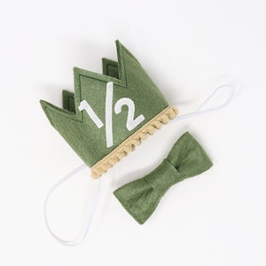 1/2 Birthday Crown | Baby Boy 6 Month Crown Half Birthday Outfit Boy | Moss Green Felt Crown + Toast Pom Trim + White Felt Number