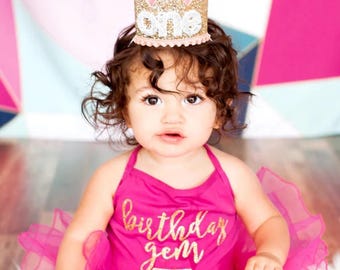 1st Birthday Girl Crown | Pale Gold Glitter Crown + Choose Color + White Glitter "one"