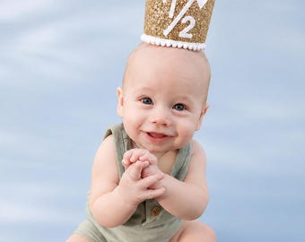 Half Birthday Boy Crown | Pale Gold Glitter Crown + Choose Color + White Glitter "1/2"