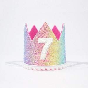 7th Birthday Crown | 7th Birthday Girl Crown | Pastel Rainbow Glitter Crown + White Pom Trim + Hot Pink Lining + White Glitter Number
