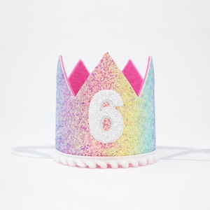 6th Birthday Crown | 6th Birthday Girl Crown | Pastel Rainbow Glitter Crown + White Pom Trim + Hot Pink Lining + White Glitter Number