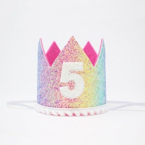 5th Birthday Crown | 5th Birthday Girl Crown | Pastel Rainbow Glitter Crown + White Pom Trim + Hot Pink Lining + White Glitter Number