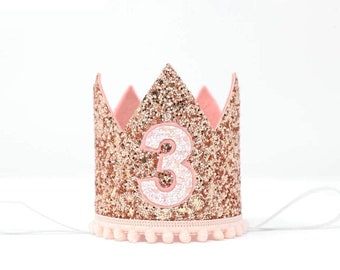 3rd Birthday Crown | Third Birthday Crown | 3rd Birthday Girl Outfit Donut Grow Up Birthday Outfit | Rose Gold Glitter Crown + Blush Details