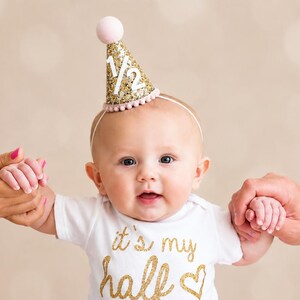 Half Birthday Girl Party Hat | Pale Gold Glitter Hat + Choose Color + White Faux Leather "1/2"