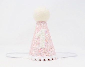 First Birthday Hat | 1st Birthday Hat | 1st Birthday Girl Outfit | First Birthday Outfit Girl | Baby Pink Glitter Hat + White Details
