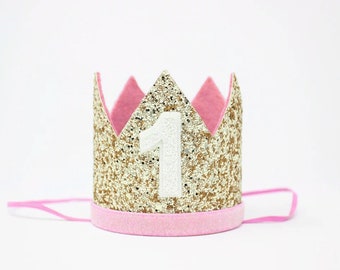 First Birthday Crown | 1st Birthday Crown | 1st Birthday Girl Outfit First Birthday Outfit Girl | Gold Glitter Crown + Baby Pink Details